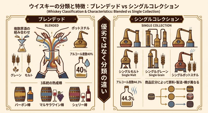 ブレンデッドウイスキーとシングルモルト、シングルグレーン、シングルポットスチルの原酒構成と度数を比較した資料風イメージ