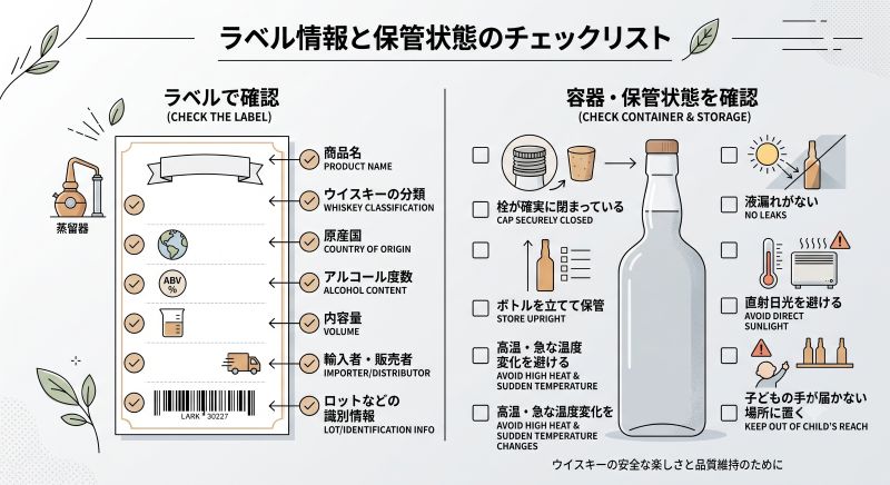 ウイスキーのラベルで確認する分類、原産国、容量、アルコール度数と、容器・保管状態の確認項目を示すチェックリスト風イメージ