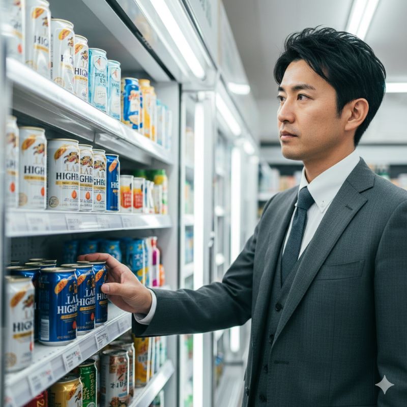 仕事帰りにコンビニでお酒を選ぶ日本のビジネスパーソン。棚には青と白のハイボール缶が並んでいる。