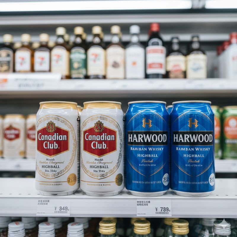 セブンイレブンのお酒売り場で、白いパッケージのカナディアンクラブと青いパッケージのハーウッドのハイボール缶が並んで陳列されている様子。