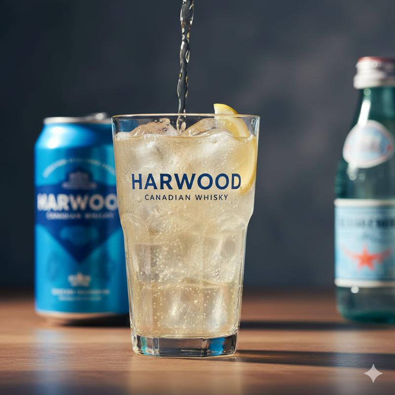 グラスに注がれた、淡い黄金色のハーウッドハイボール。背景には鮮やかな青いハーウッドの缶がぼやけて見える。