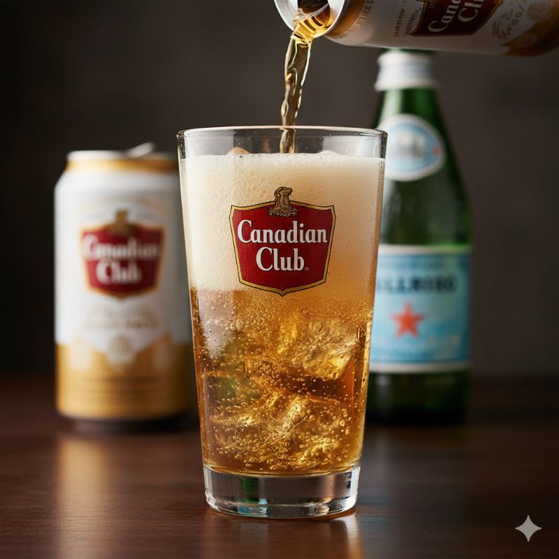グラスに注がれた、泡立つカナディアンクラブハイボール。背景には白とゴールドのカナディアンクラブの缶がぼやけて見える。