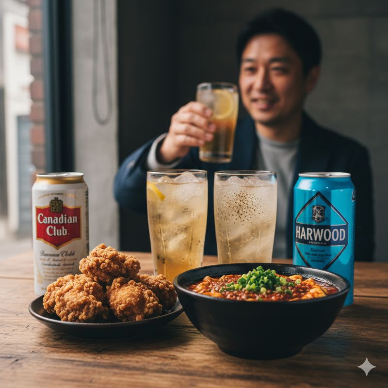 中華料理(麻婆豆腐と唐揚げ)と、それらに合うように置かれたカナディアンウイスキーのハイボール。