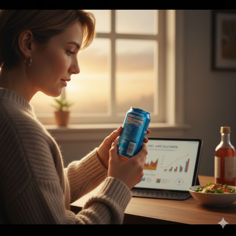 カロリーと糖質の表示がある栄養成分表のイメージ。健康を意識する人がハイボール缶を手に取っている。