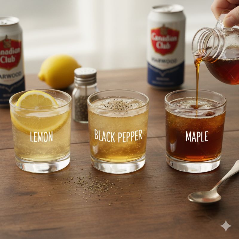 レモンスライスと黒胡椒が添えられたハイボールと、メープルシロップの小瓶。