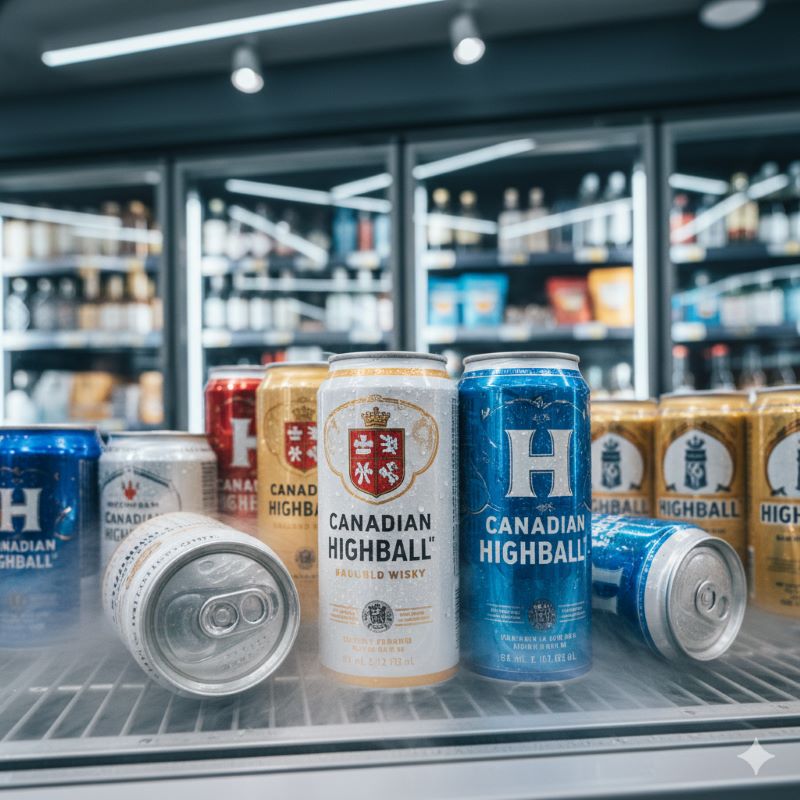 コンビニエンスストアの冷蔵棚に並べられた、様々なブランドのカナディアンウイスキーハイボール缶。