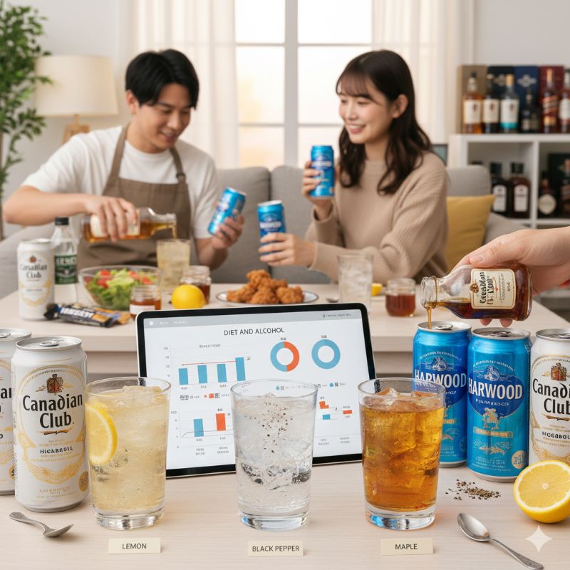 ハイボール缶の原材料表示(ウイスキー、炭酸)と、アルコール度数8%を示すラベルをクローズアップした画像。シンプルさを強調する。