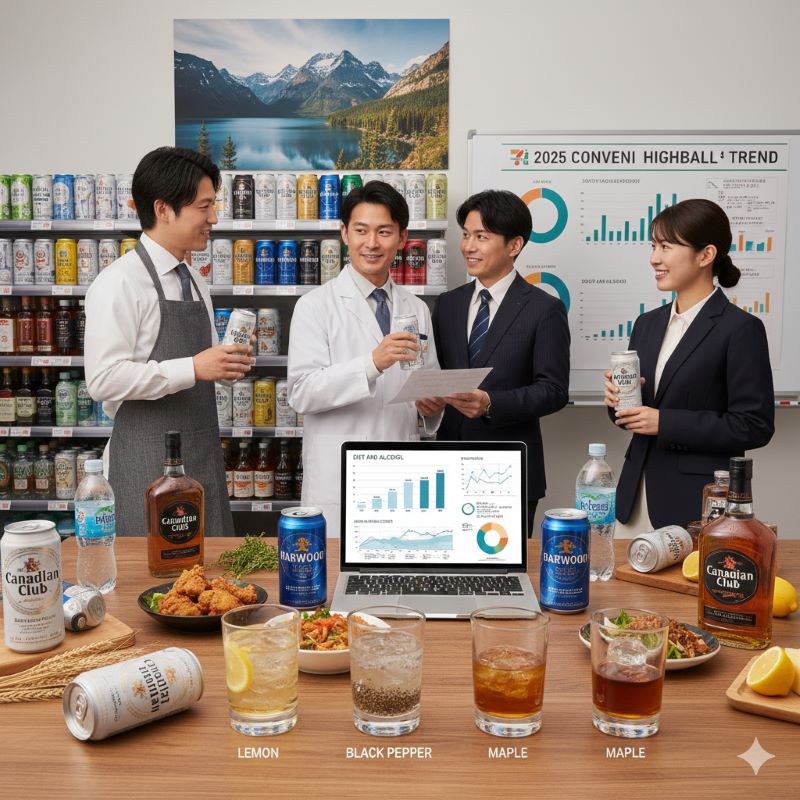 カナダの壮大な自然(山と湖)を背景に、木樽が並ぶウイスキー熟成庫のイメージ。品質の高さと歴史を感じさせる。