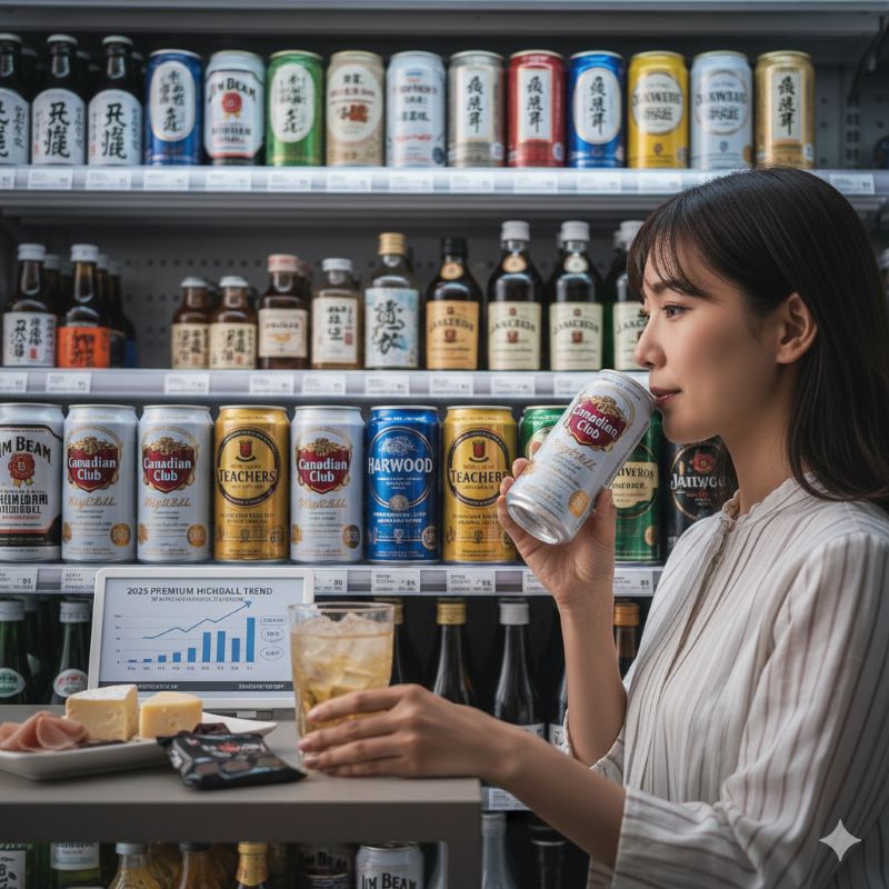 コンビニのお酒売り場で、様々な種類のハイボール缶が並ぶ棚。手前には「2025年プレミアムハイボールトレンド」と書かれたグラフが表示されたタブレットがある。
