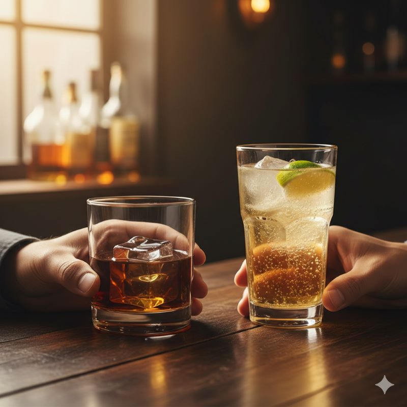 バーボンとカナディアンウイスキーの2種類のグラスを持つ手がテーブルに置かれている。バーボンはロックグラスに入っており、カナディアンはハイボールグラスにライムが添えられている。