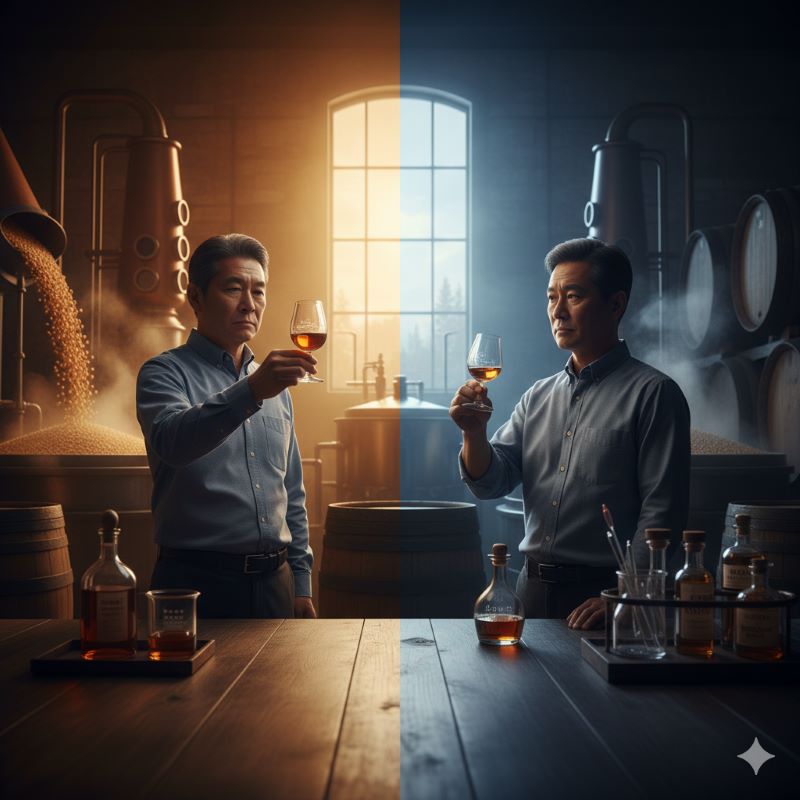 ウイスキーの蒸留所内で、バーボンウイスキーとカナディアンウイスキーの2つのグラスを持つ2人の男性が、それぞれのウイスキーをテイスティングしている様子。