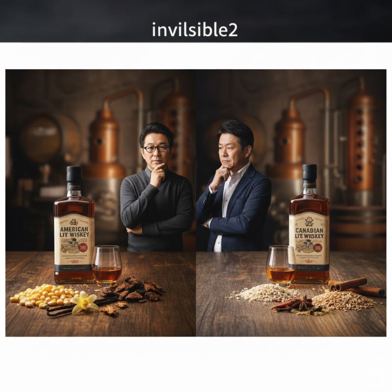 アメリカンライウイスキーとカナディアンライウイスキーのボトルがそれぞれ異なる木製のテーブルに置かれ、各ウイスキーの風味を表す材料(ライ麦、バニラ、スパイスなど)が添えられている。それぞれのウイスキーのイメージに合わせた服装の日本人男性がウイスキーを見つめている。