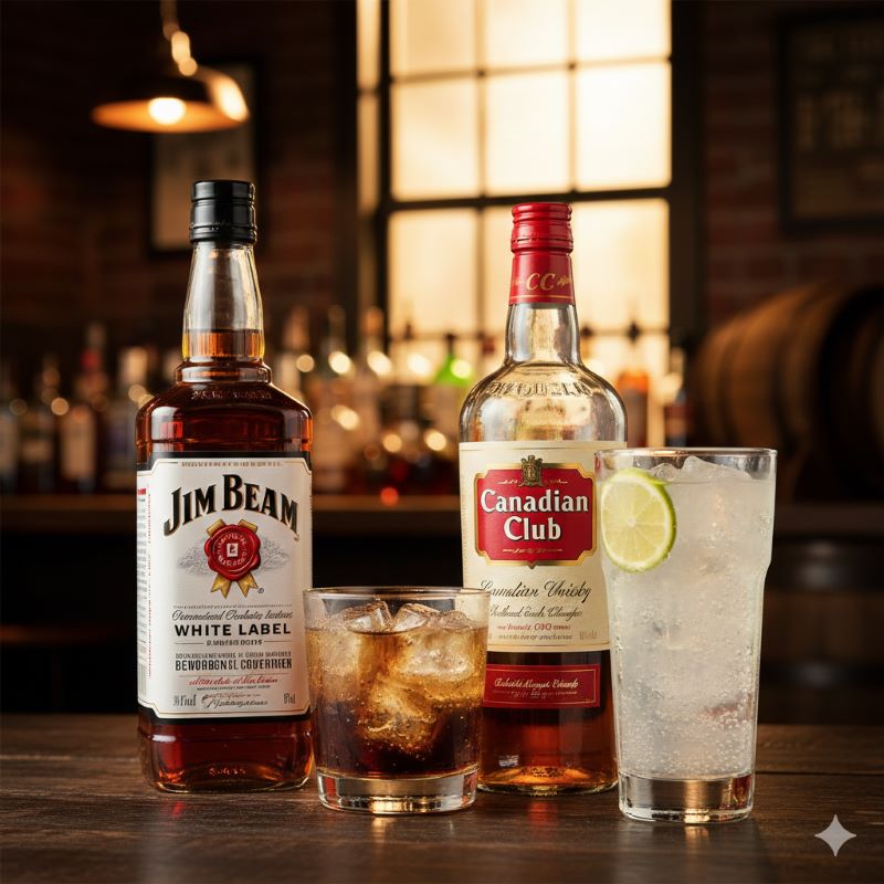 ジムビームのボトルとコーラ割り、カナディアンクラブのボトルとライムを添えたソーダ割りが並べられている。