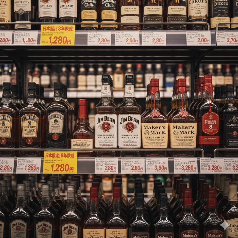 スーパーマーケットの棚に並べられた様々なウイスキーボトル。ジムビーム、カナディアンクラブ、メーカーズマークなど、日本の市場で手頃な価格で入手できる銘柄が陳列されている。