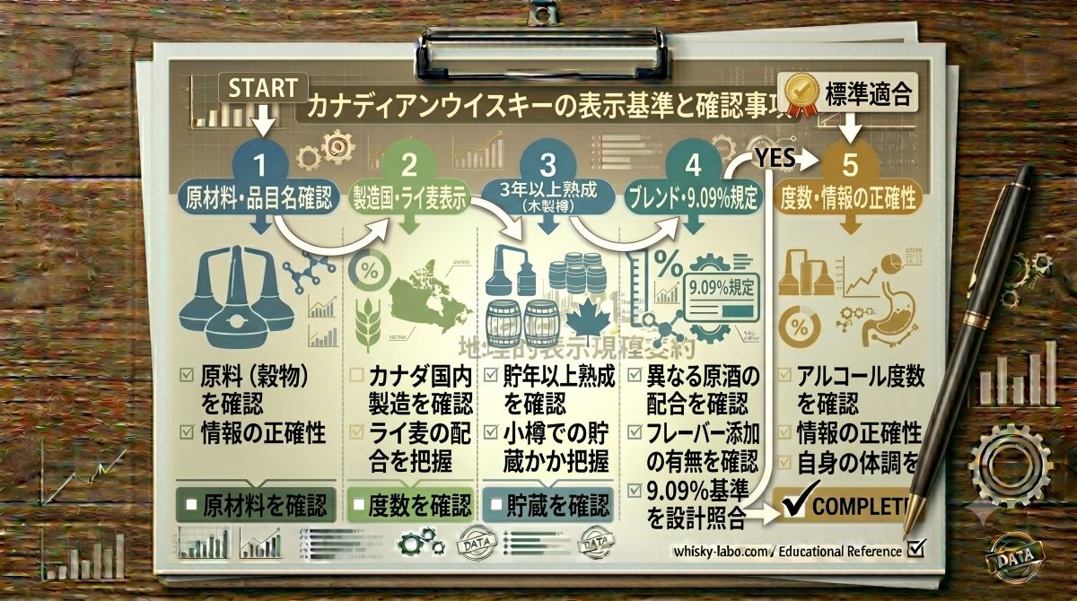 カナディアンウイスキーの定義、Rye表記、熟成条件、9.09%ルールを整理した資料風イメージ