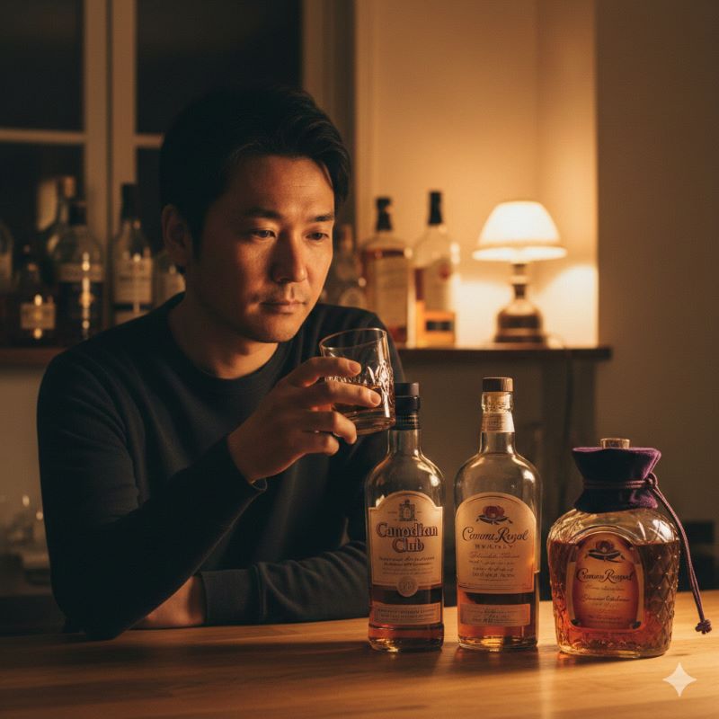 自宅のバーカウンターでカナディアンウイスキーのボトル(カナディアンクラブ、クラウンローヤル)を前に、グラスを傾けている日本人男性