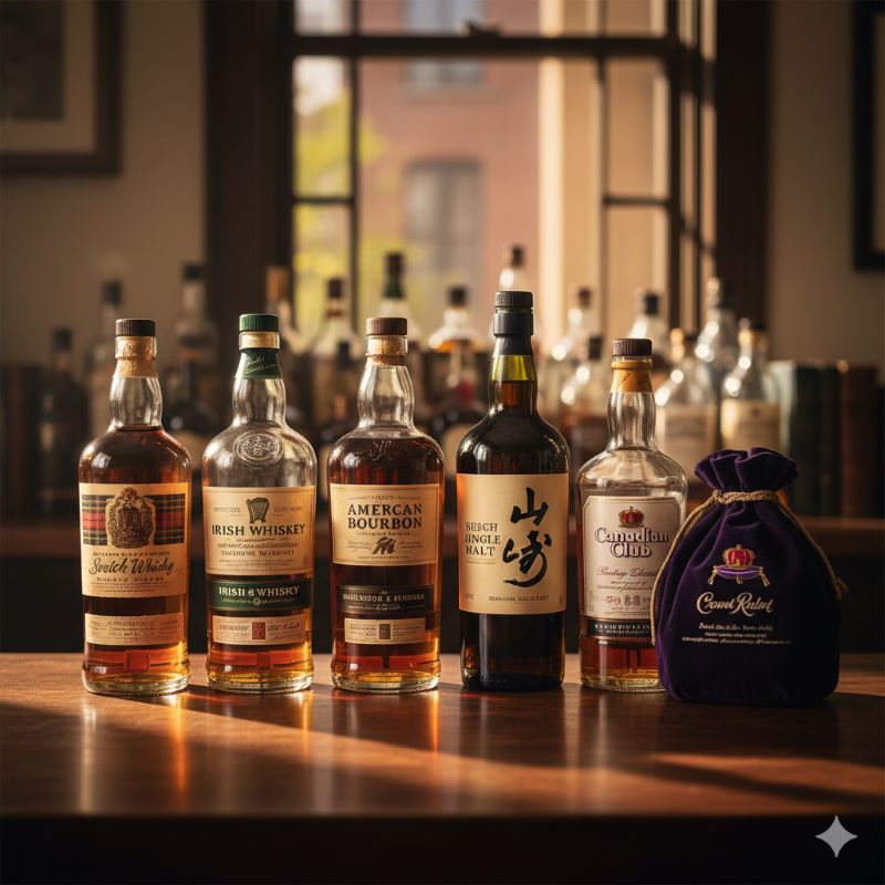 スコッチ、アイリッシュ、バーボン、ジャパニーズ、カナディアンの5種類のウイスキーボトルが並べられたバーカウンター