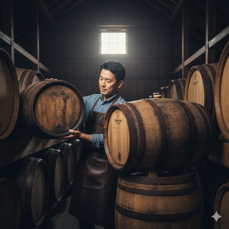 薄暗い熟成庫で、ウイスキー樽を丁寧に扱い品質を確認している真剣な表情の日本人職人