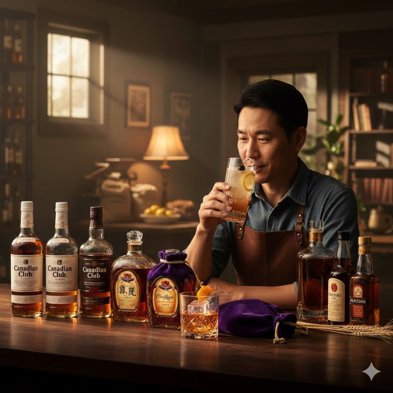 自宅のバーカウンターでカナディアンクラブのハイボールを味わいながら、ウイスキーボトルを眺めている日本人男性