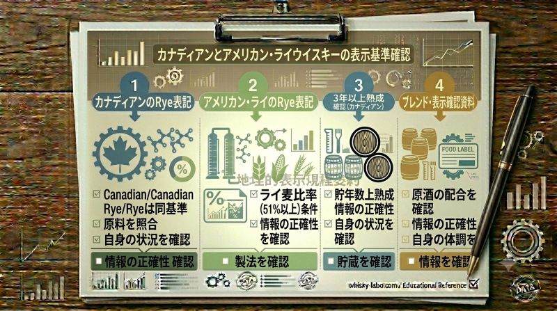 カナディアンウイスキーのRye表記とアメリカン・ライウイスキーのRye表記の違いを比較した資料風イメージ