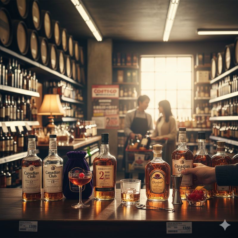 カナディアンウイスキーのボトルが並ぶ棚の前で、マンハッタンとオールドファッションドのカクテルを作っている日本人バーテンダー