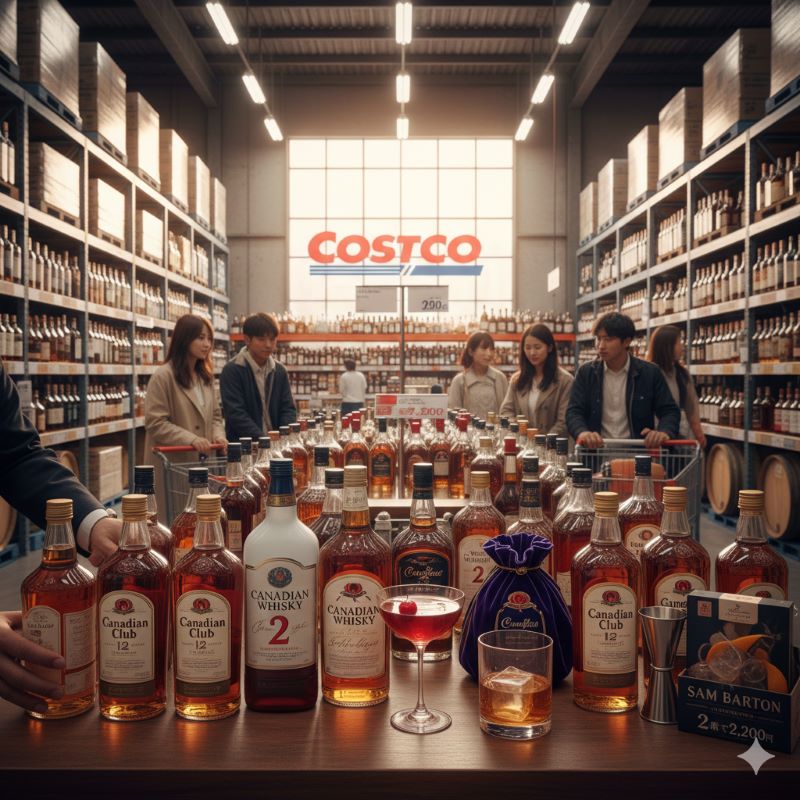 コストコの広い店内にある酒類コーナーで、カナディアンウイスキーのボトルが並ぶ棚の前で買い物客がカートを押している様子