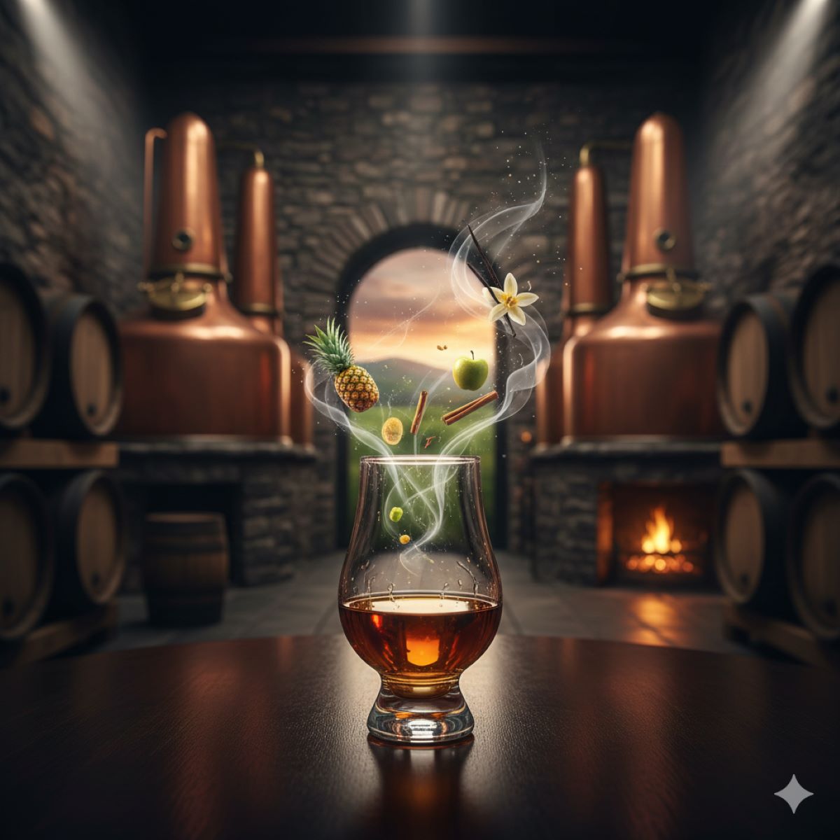 琥珀色に輝くアイリッシュウイスキーのグラスと、アイルランドの伝統的な蒸留所をイメージした背景