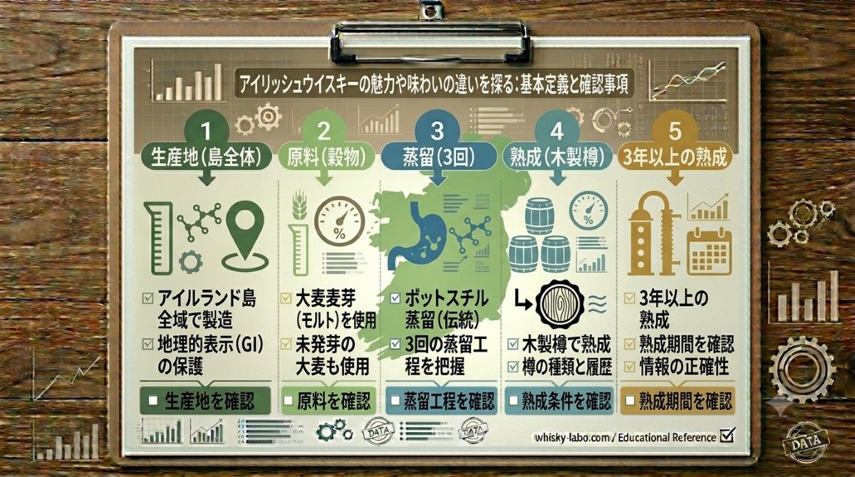 アイリッシュウイスキーの定義、分類、表示確認を示す地図と樽と穀物の資料風イメージ