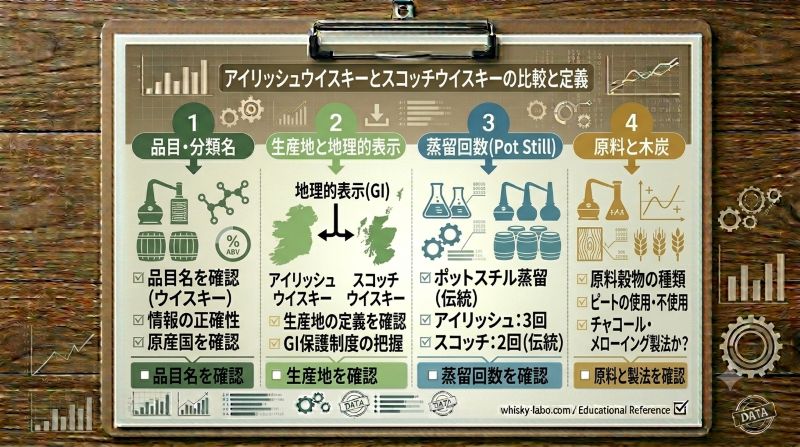 アイリッシュウイスキーの生産地、原料、蒸留、熟成条件を整理したチェックリスト風イメージ