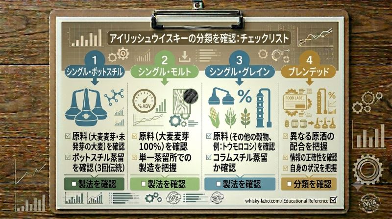 アイリッシュウイスキーとスコッチウイスキーの生産地や製法の違いを比較した資料風イメージ