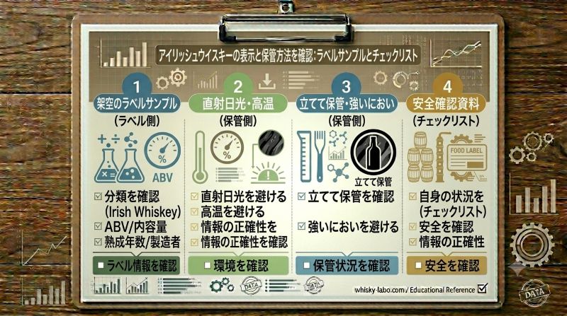 アイリッシュウイスキーのラベル表示と保管時の確認項目を整理したチェックリスト風イメージ