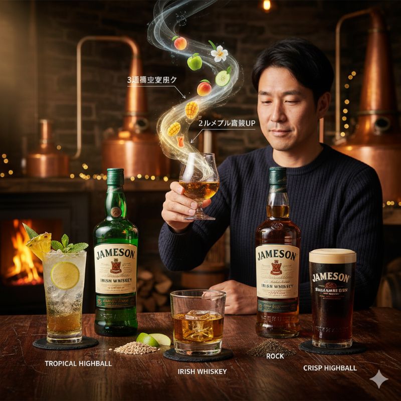 自宅のリラックスした雰囲気の中でアイリッシュウイスキーの香を楽しむ日本人男性