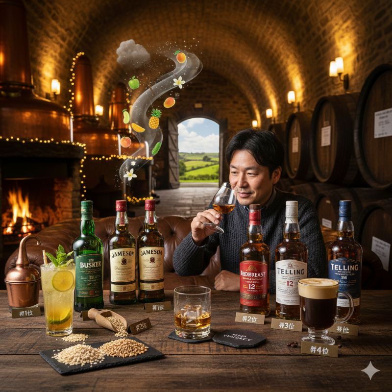 アイリッシュウイスキーの原料となる未発芽大麦とモルトのクローズアップ