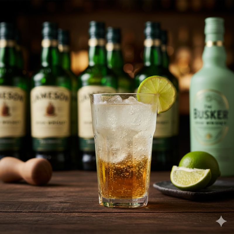 緑色のボトルを背景にした、ライムを添えた爽やかなアイリッシュウイスキーのハイボール