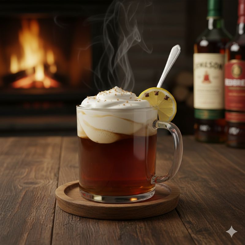 生クリームがフロートされた温かいアイリッシュコーヒーと木製テーブル