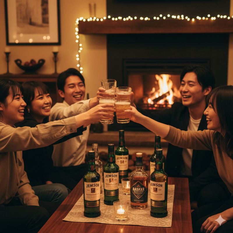 友人たちとジェムソンなどのアイリッシュウイスキーで乾杯を楽しむ賑やかな様子