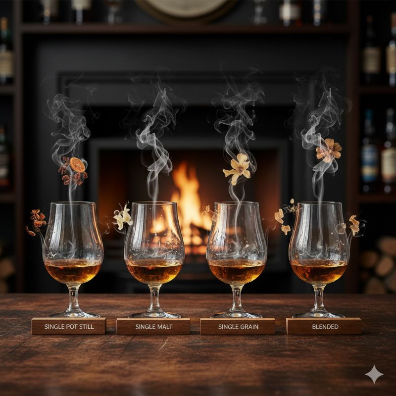 アイリッシュウイスキーの4つの分類（ポットスチル、モルト、グレーン、ブレンデッド）を飲み比べるテイスティンググラス