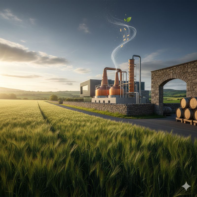 アイルランドの大麦畑と近代的な蒸留所、アイリッシュウイスキーの未来とテロワールを象徴する風景