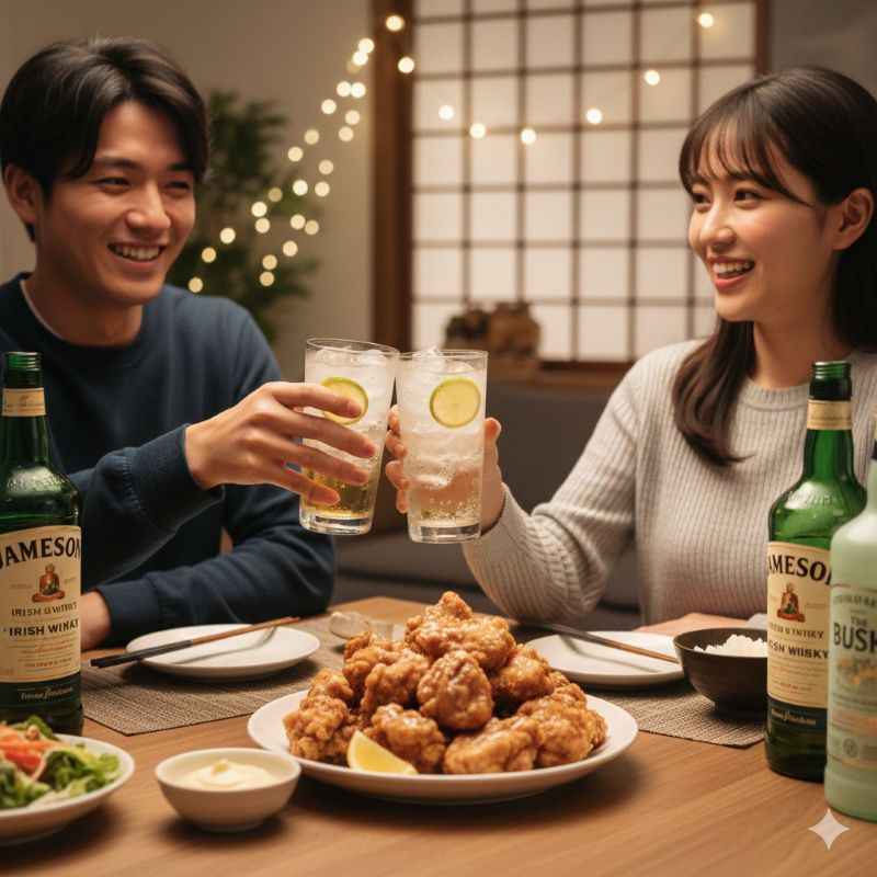 日本の食卓で唐揚げなどの食事と一緒に楽しむアイリッシュウイスキーのハイボール