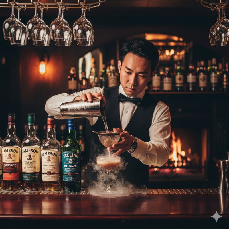 オーセンティックバーで丁寧にカクテルを作るバーテンダー、アイリッシュウイスキーの楽しみ方の広がりを表現