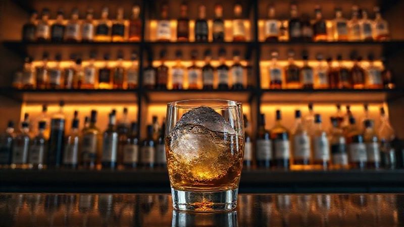 日本のオーセンティックなバーカウンターに並ぶ様々な種類のジャパニーズウイスキーと、丸氷が入ったロックグラス