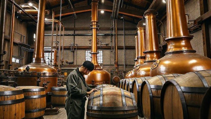 日本のウイスキー蒸溜所内部の様子。銅製のポットスチルと熟成用の木樽、点検を行う職人の姿