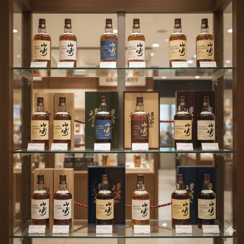 高級百貨店のショーケースに陳列された、希少価値の高い入手困難なジャパニーズウイスキーのボトル