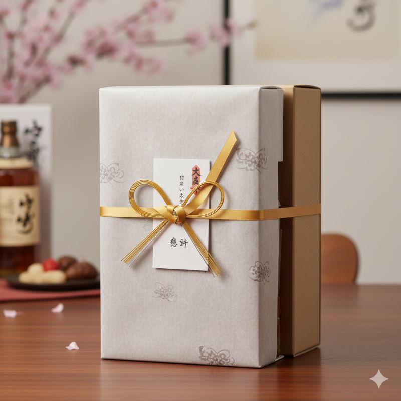大切な人への贈り物として綺麗に包装された、高級感のあるジャパニーズウイスキーのギフトセット