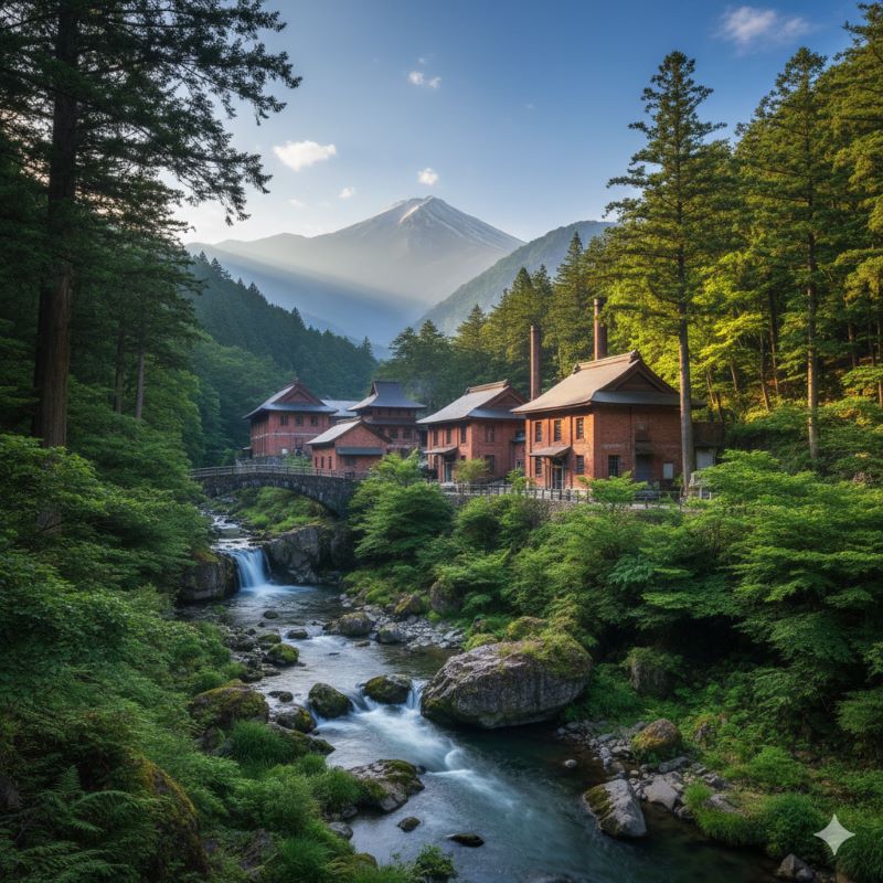 日本の美しい自然環境の中に佇むウイスキー蒸溜所。豊かな水源と森に囲まれた風景