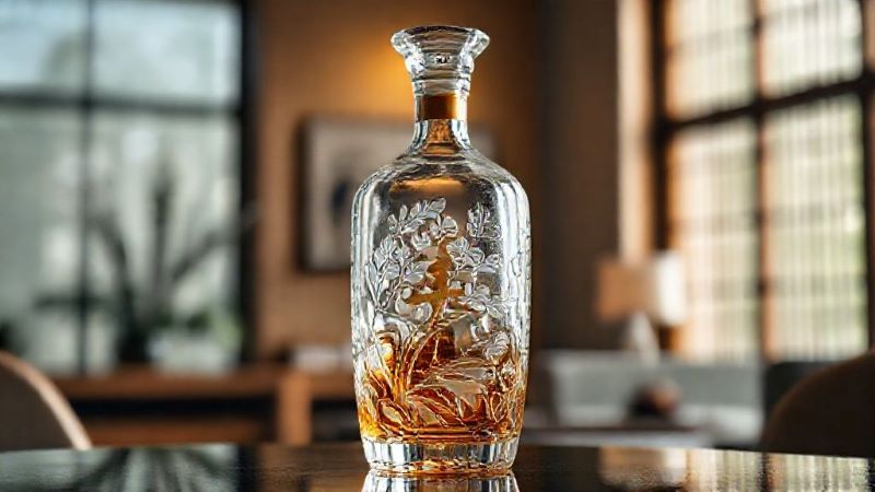 日本の四季と調和を表現した美しいカットガラスのウイスキーボトル。高級感のある和モダンな空間でのギフトイメージ