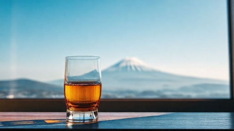 窓越しに雄大な富士山を望むロケーションに置かれたウイスキーグラス。日本一の山を背景にした縁起の良いイメージ