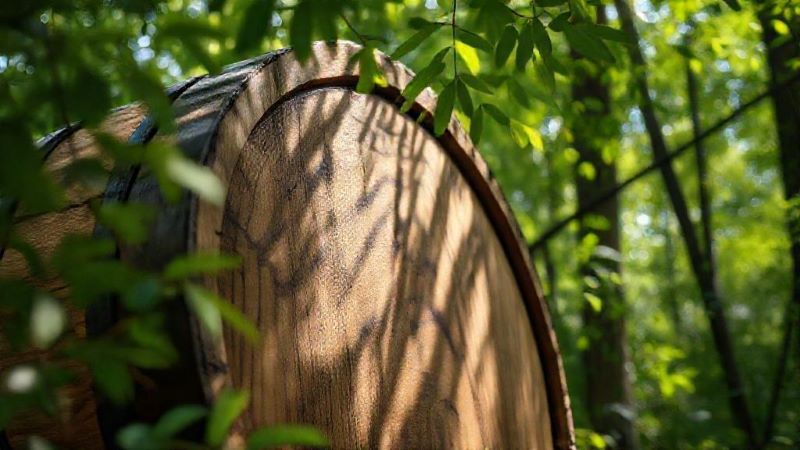 森の中に佇むジャパニーズオーク（ミズナラ）のウイスキー熟成樽。木漏れ日が差し込み、オリエンタルな香りを想起させるイメージ