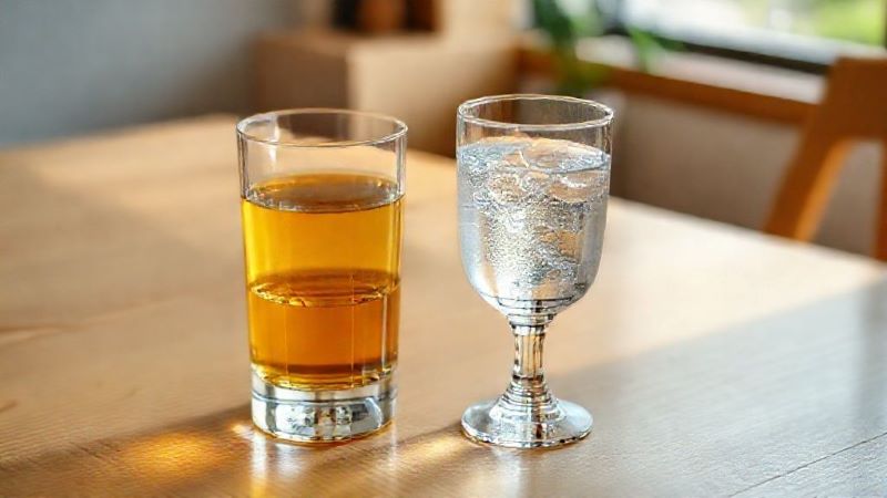 ウイスキーのグラスの横にチェイサー（水）が用意されたテーブル。適正飲酒を心がけながらリラックスして楽しむ様子