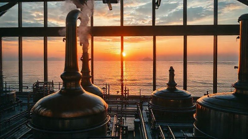 東シナ海に沈む美しい夕日を望むウイスキー蒸溜所。メローな暖色の光に包まれた蒸留器のシルエット